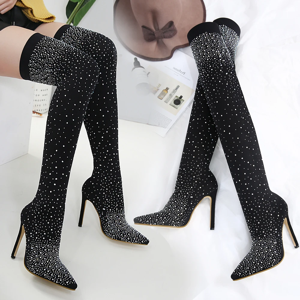 

20% Off Women's Boots Fashion Track Crystal Stretch Fabric Socks Boots Pointed Toe Over The Knee Heel Thigh High Ladies Boots
