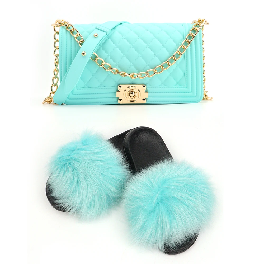 

Furry rainbow set real fox silicone jelly purse fur women fluffy wholesale sandals slippers matching fur slides with purse set, As picture show or customized