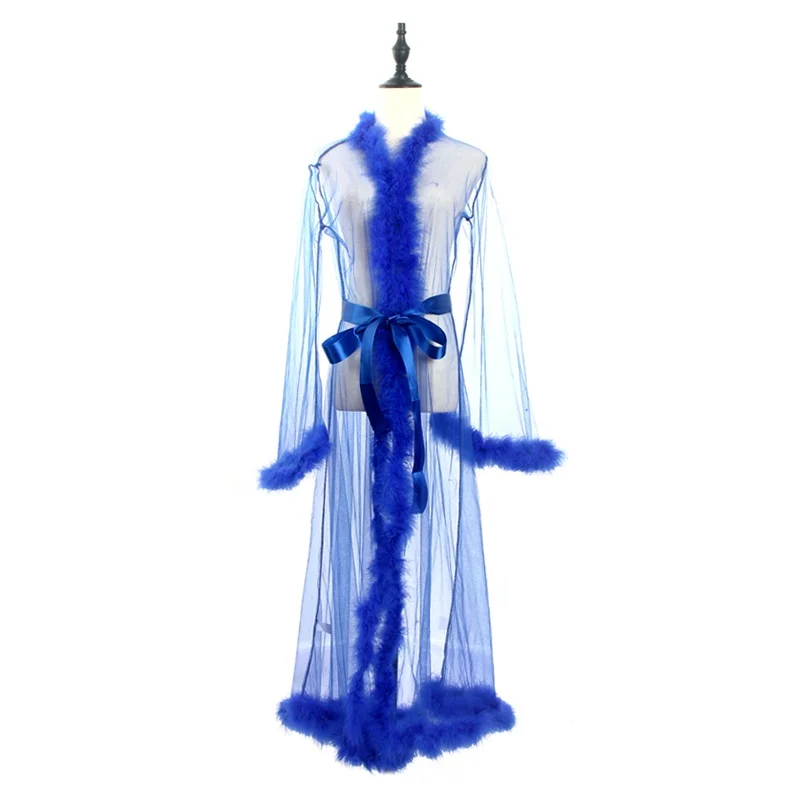 

2021 New Arrival Long hot women Femme Fur sheer Robe mesh Trim lingerie-sexy hot lingerie robe, 6 colors