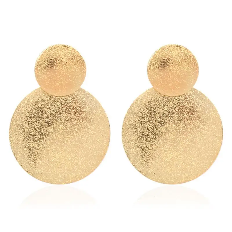 

2021 Fancy Matte Alloy Jewelry Flat Big Round Disc Gold Plated Statement Designer Earrings Women, Picture shows