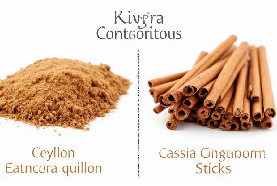 Side-by-side comparison of Ceylon cinnamon quills versus Cassia cinnamon sticks showing the delicate layered structure of Ceylon versus the thick single layer of Cassia