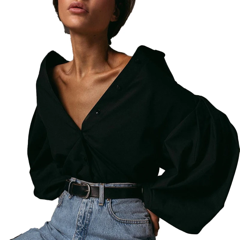 

Plain color lantern sleeve lapel blouse light coat blouse for ladies
