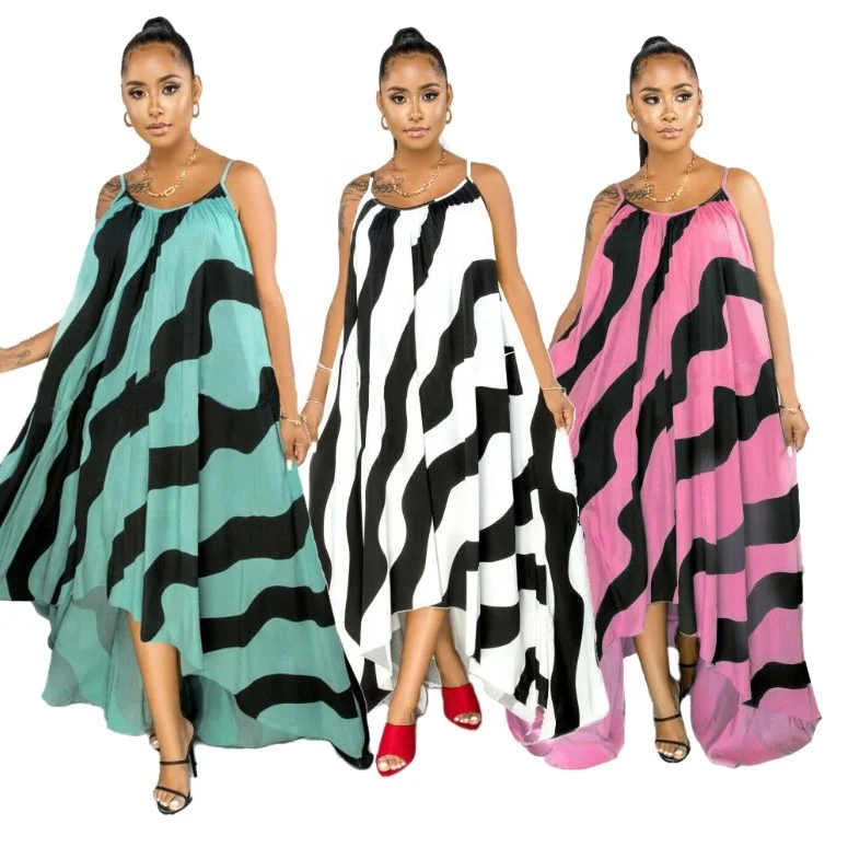

Striped Print Floor Length Irregular Hem Loose Ladies Suspender Dress Summer Casual Strap Plus size Dress