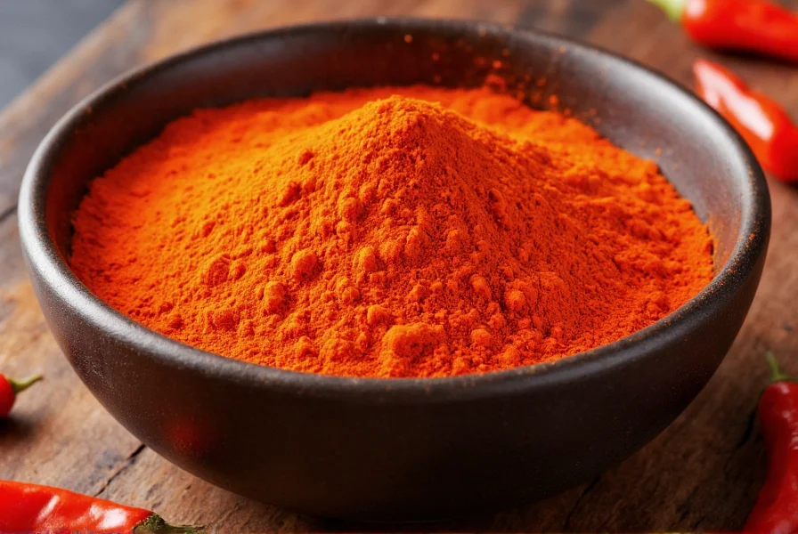Close-up of authentic Korean gochugaru powder in a traditional ceramic bowl with fresh chili peppers