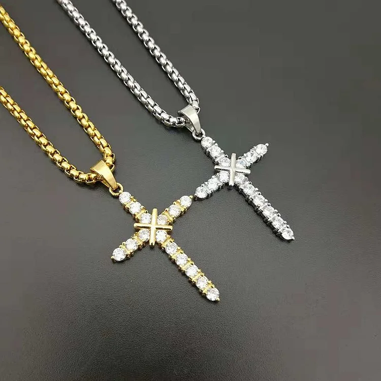 

NS1143 New arrival hiphop trendy stainless steel box chain necklace, charm stainless steel cross pendant with CZ men necklace