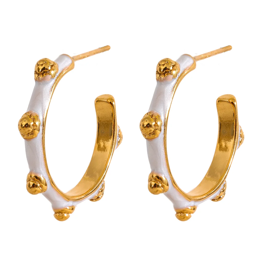 JINYOU 2376 White Enamel Stainless Steel C Shape Vintage Fashion Unusual Earrings Waterproof Gold Color Trendy Jewelry Women