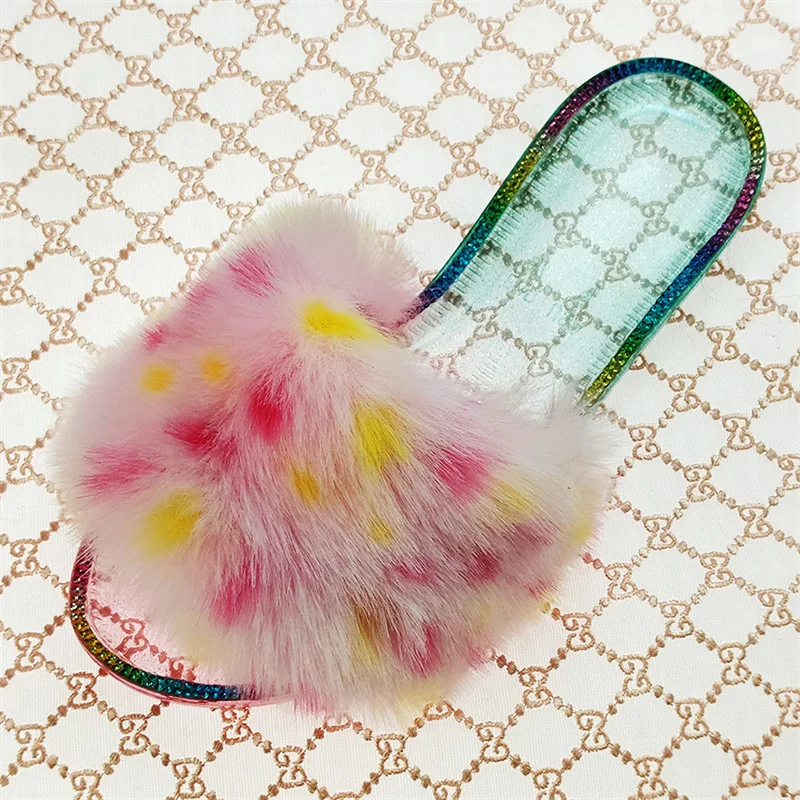 

2021 New Colorful Women Custom Fluffy Plush Slippers Diamond Sequins Multicolor Plastic Crystal Jelly Flat Slides Flip Flops