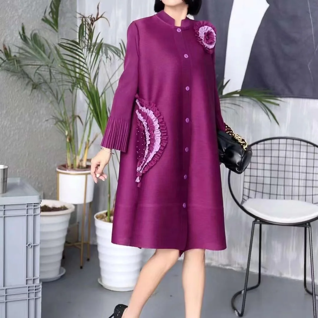 Big Size Fat Size Breathable Women Full Sleeve Party Dress Glamorous Female Loose Fit Pleated Handmade Flower  Pearl Dress
