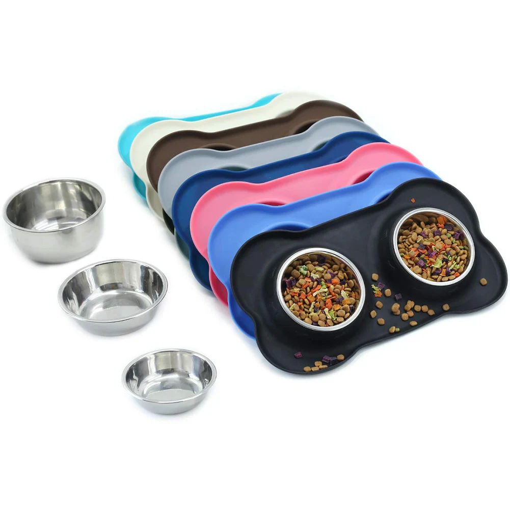 

Ikitchen DIVTOP Puppy Dogs Stainless Steel Water and Food Feeder Pet Bowl Non Spill Skid Resistant Silicone Mat Double Dog Bowl, Pink/gray/blue