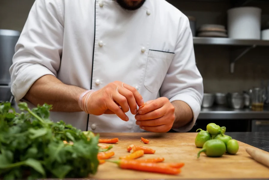 Chef carefully handling habanero peppers while wearing protective gloves in professional kitchen setting