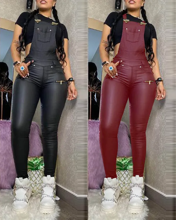 

Z16 Hot sale Leather pu suspenders for women black leather overalls for women baggy overalls for women