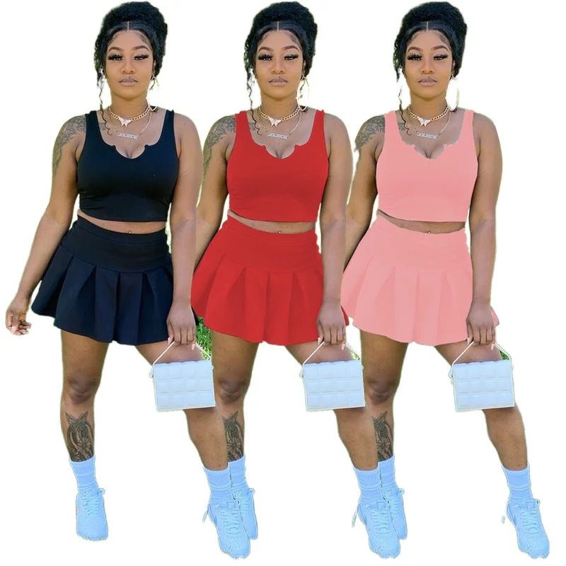 

YD - SM9173 Fashionable two piece sets summer newest U-neck top+ mini skirt bodycon solid sports 2 piece skirt set
