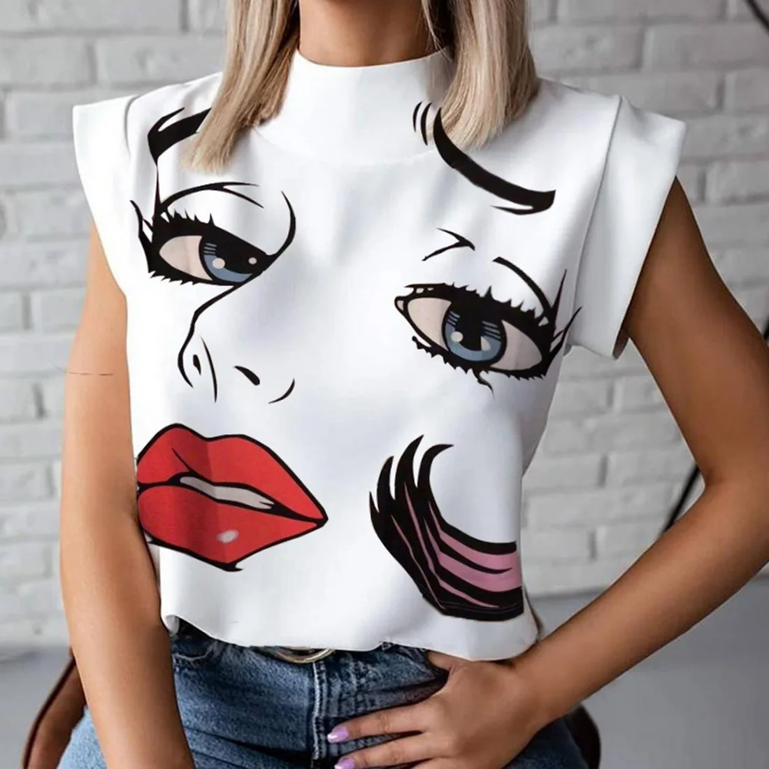 

Summer Women Blouse Shirts Cute Eyes Lips Print Casual Stand Neck Elegant Pullover Tops Lady Fashion Short Sleeve Blusa