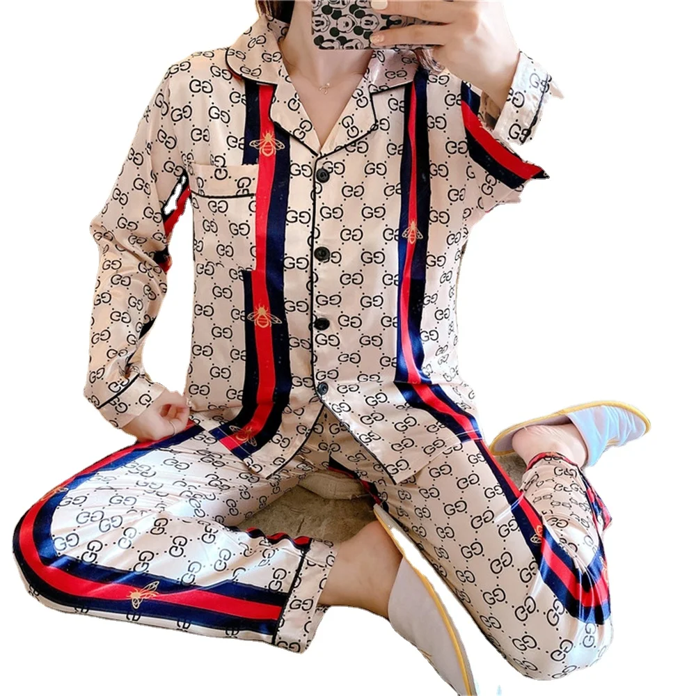 

Pajamas women spring and autumn long-sleeved ice silk two-piece women's suit thin silk pajamas printed, Shown