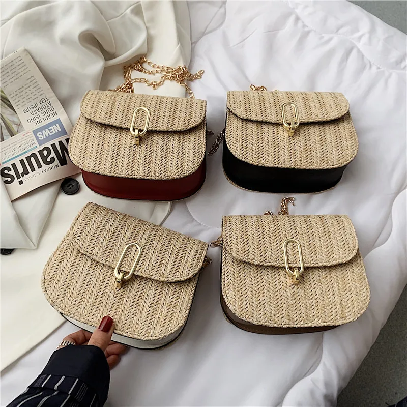 

Whoelsale cheap portable summer rattan reusable vacation straw woven bag women shoulder messenger bag, Available in 4 colors with color card