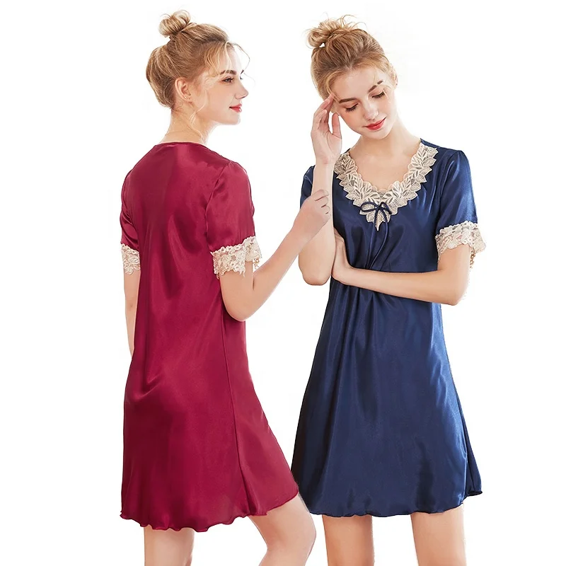 

High Quality women's lace short sleeve casual dress girls ladies pajamas night wear sleepwear, Wine red,navy,pink,light purple,champagne