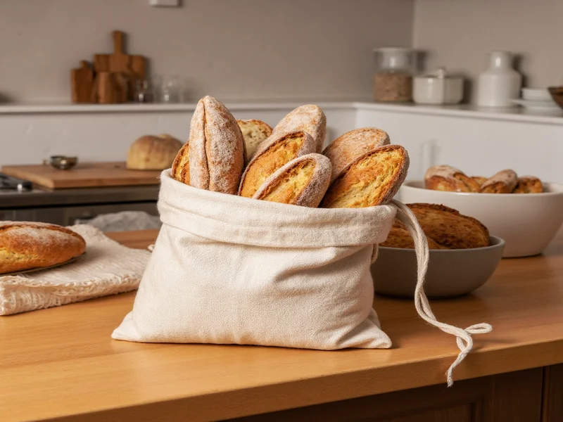 Homemade bread stored in linen bag on wooden counter