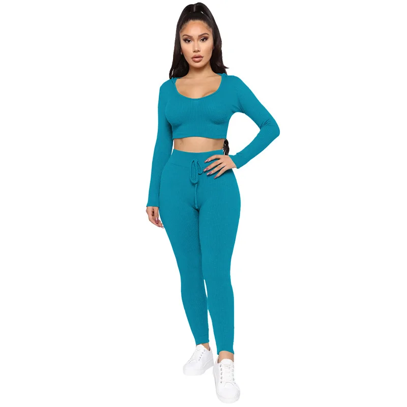 

2021 Fall/Winter Long Sleeves Outfit Solid Tracksuit Gym Fitness Hoodie Crop Top 2 Two Piece Pants Leggings Set Women Clothing, Different colors