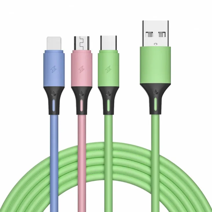 

Three color fast Charging Multiple Liquid silica gel Liquid Silicone 3 in 1 charging cable, Green&pink&purple&ed