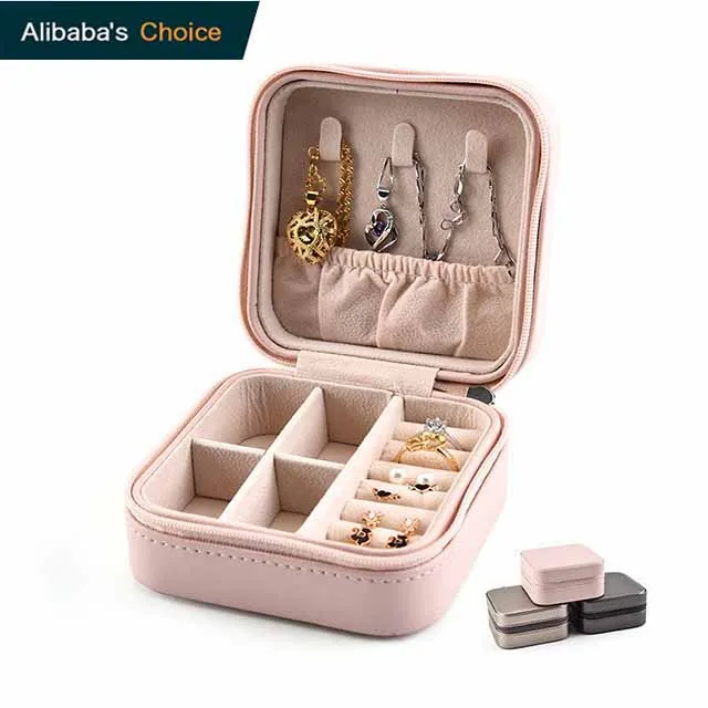 

Multi-function Small Pink PU Leather Jewelry Gift Box Rings Earrings Necklace Accessories Travel Case, Champagne, pink, silver