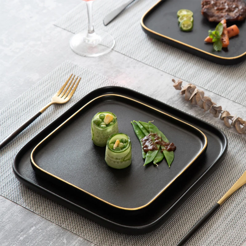 

Whoselase 2020 New Style  Luxury Frosted Square All Black Plate Ceramic
