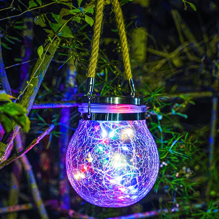 Hanging Solar LED Fairy Copper Rice Multi Colored Lights Outdoor Cracked Antique Glass Ball Garden Rechargeable Garland Jar