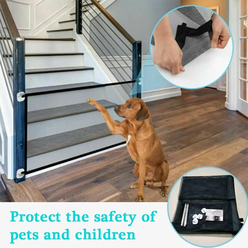 

Home Pet Dog Fences Pet Isolated Network Stairs Gate Folding Mesh Playpen For Dog Cat Baby Safety Fence Dog Cage Pet Accessories, Black