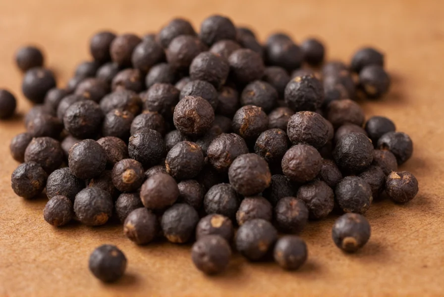 Close-up view of black peppercorns on wooden surface showing texture and color variation