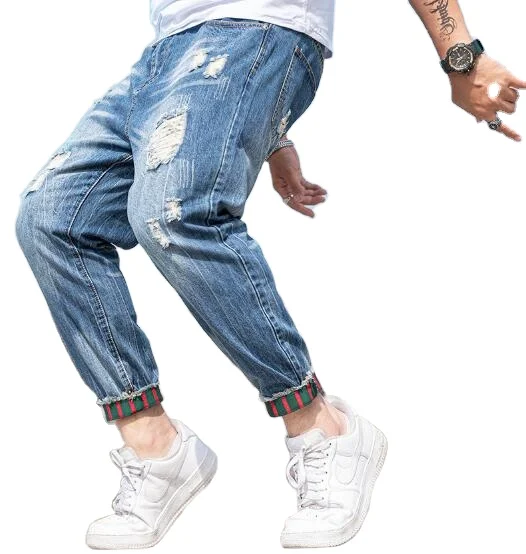 

2020 summer fashion new large size nine points harem pants broken holes beam feet loose washed jeans men