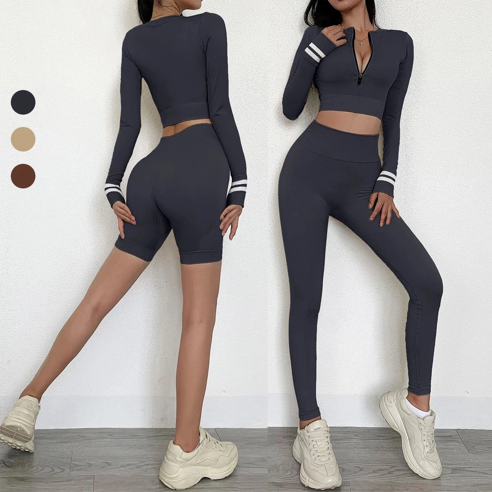 

New arrival seamless women long sleeve zipper tops long leggings yoga set workout shorts sets, Printed