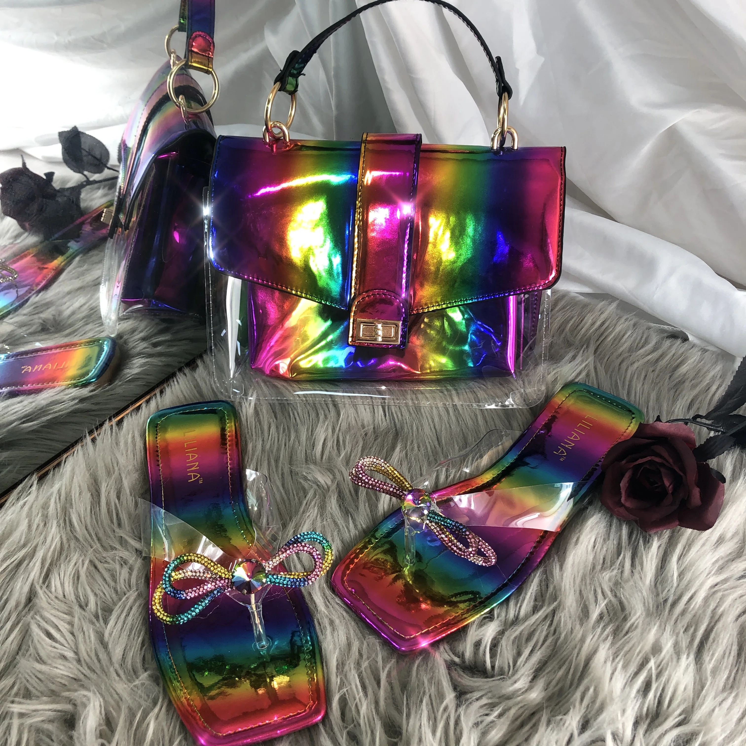 

New arrivals slide slippers for women trendy rainbow pvc bag and jelly sandals luxury ladies bow sandal and purse match sets, Colors