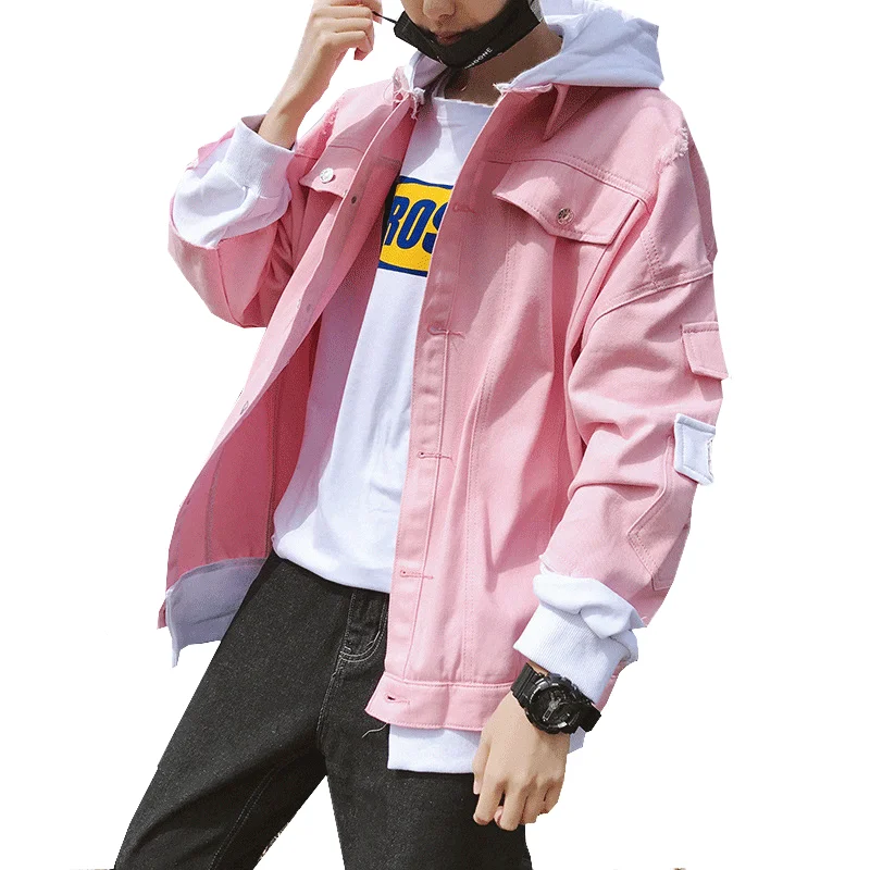 

2019 New Arrivals Two Piece Ripped Design Men's Pink Spring Hood Jacket