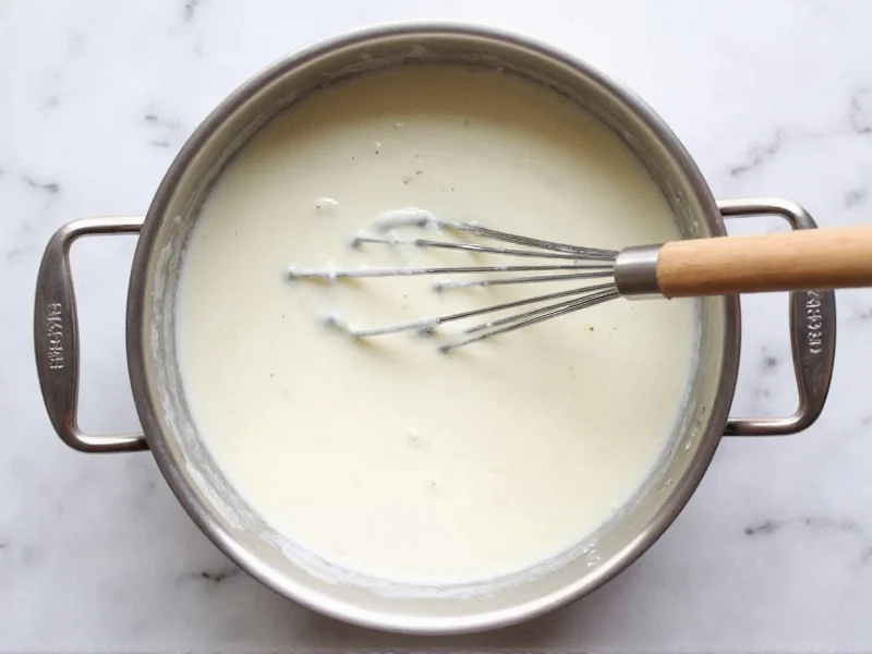 Homemade white sauce in a saucepan with whisk