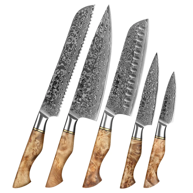 

Professional Japanese kitchen Knives Figured Sycamore Wood Handle Luxury Damascus Steel Chef Knife Set of 5