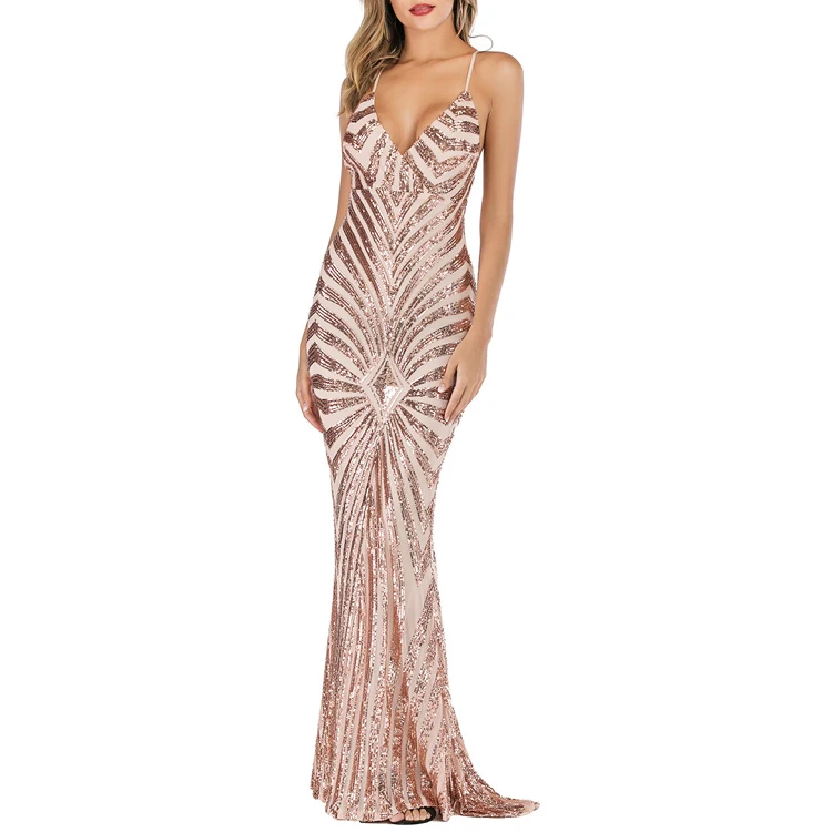 

Wholesale Ladies Long Sleeve Gold Sequins Evening Dresses Long Gowns