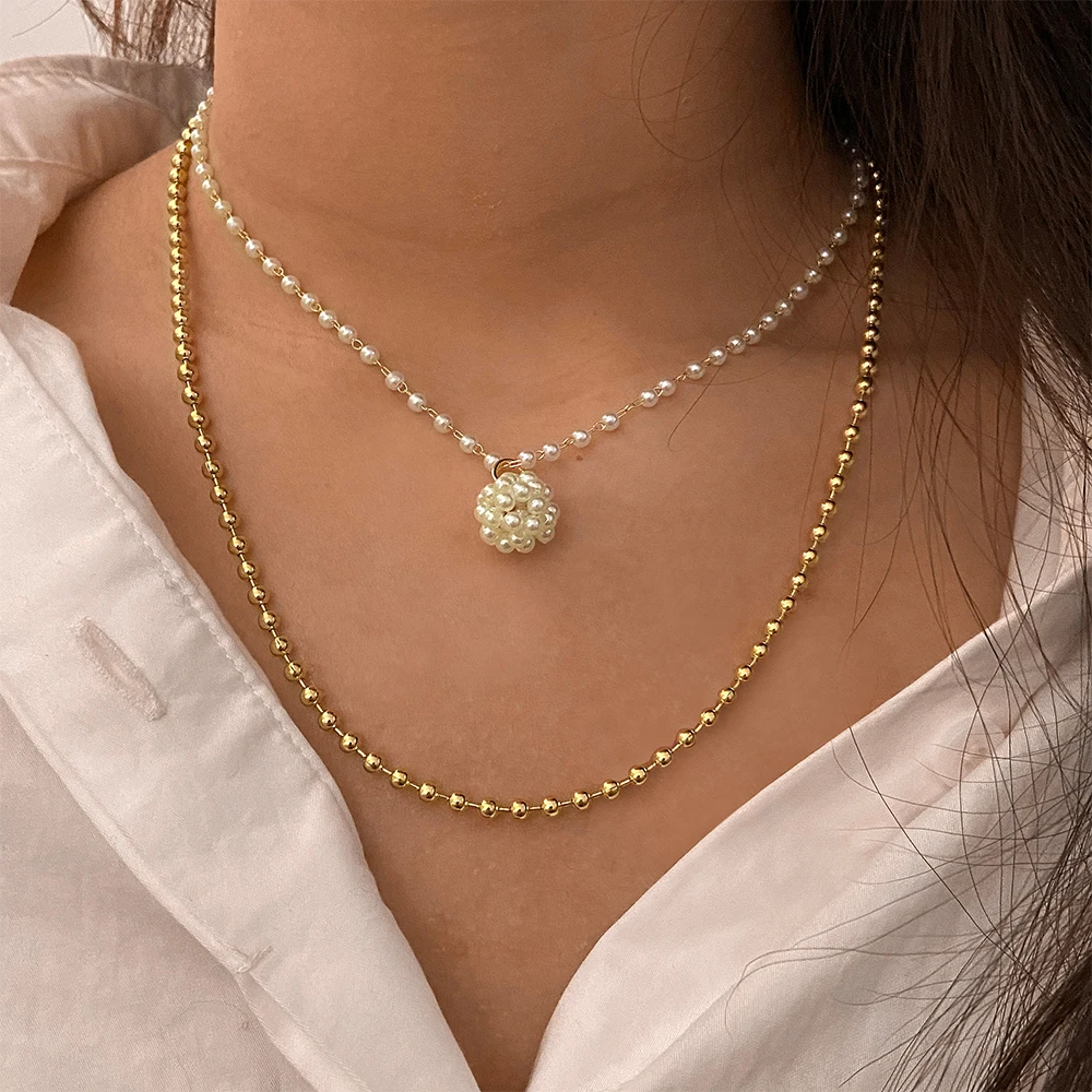 

Classic Necklace layer pearl necklace pearl ball pendant Female Gifts For Womens Jewellery Chains Nacklace, Gold