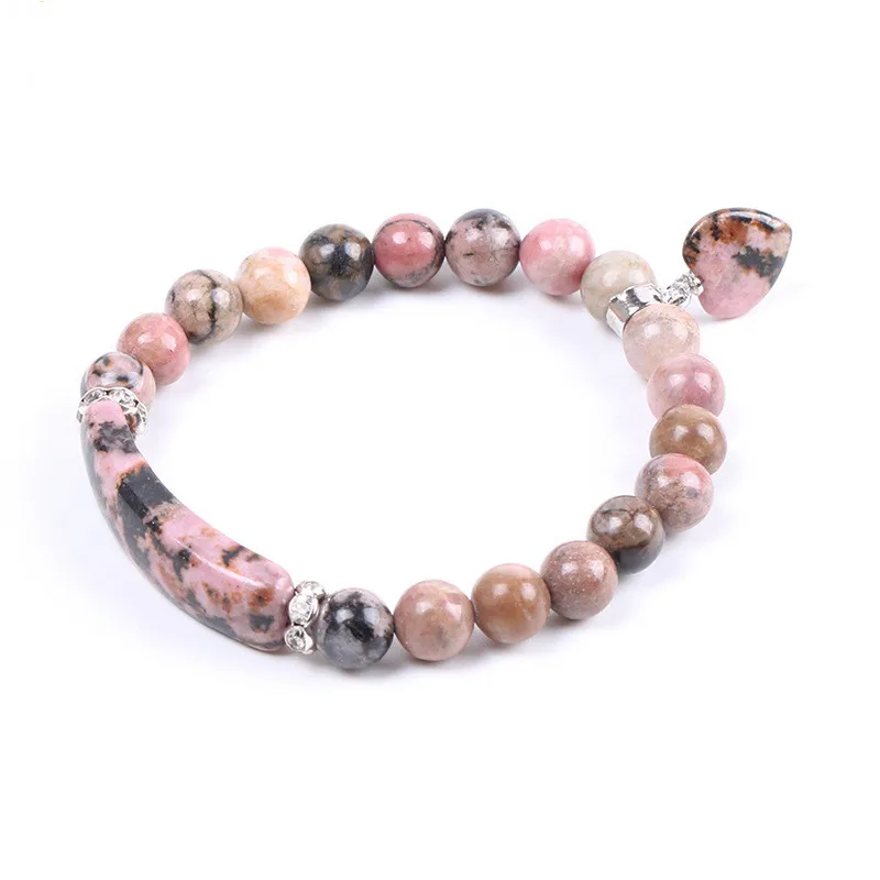 

MSYO INS New 8mm Natural Rhodonite Beaded Bracelets Heart Charm Beads Elastic Bracelets Women, As shown in the picture