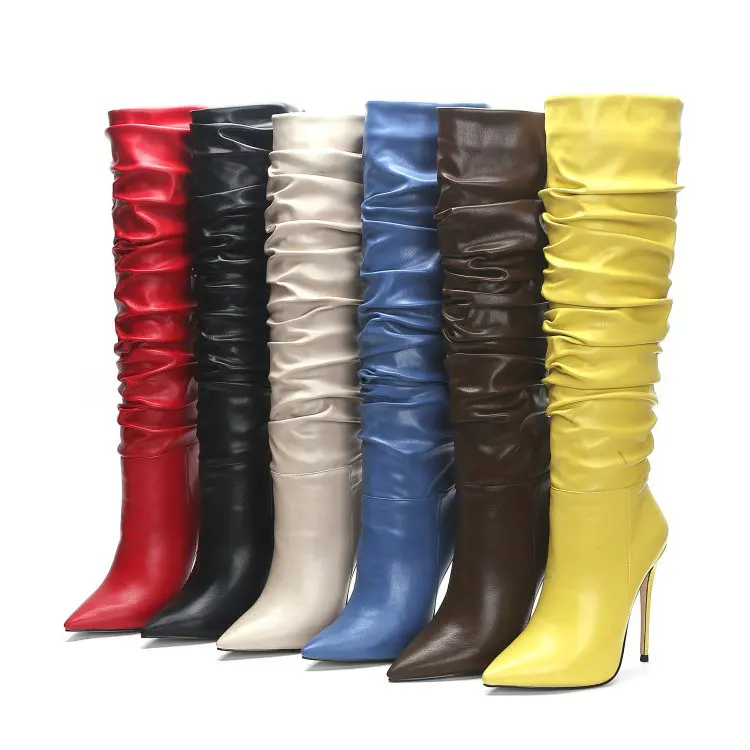 

2021 New Arrival Wrinkled Pleated Fall Winter Stiletto Heels Women Knee High Boots for Sexy Ladies, Apricot, yellow, coffee, blue, red, black