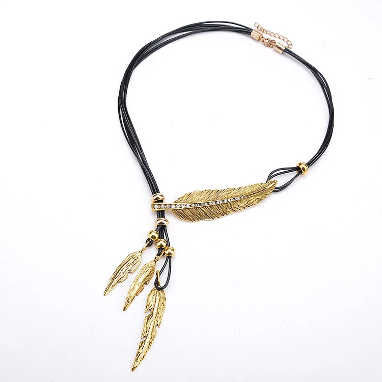 

Africa Feather Leaf Diamond Black Leather Rope Multi-layer Tassel Necklace Sweater Chain pendant Necklace For Women