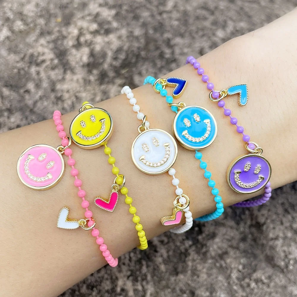 

New friendship jewelry diamond enamel colorful beaded love heart smiling face copper charm bracelet women trendy