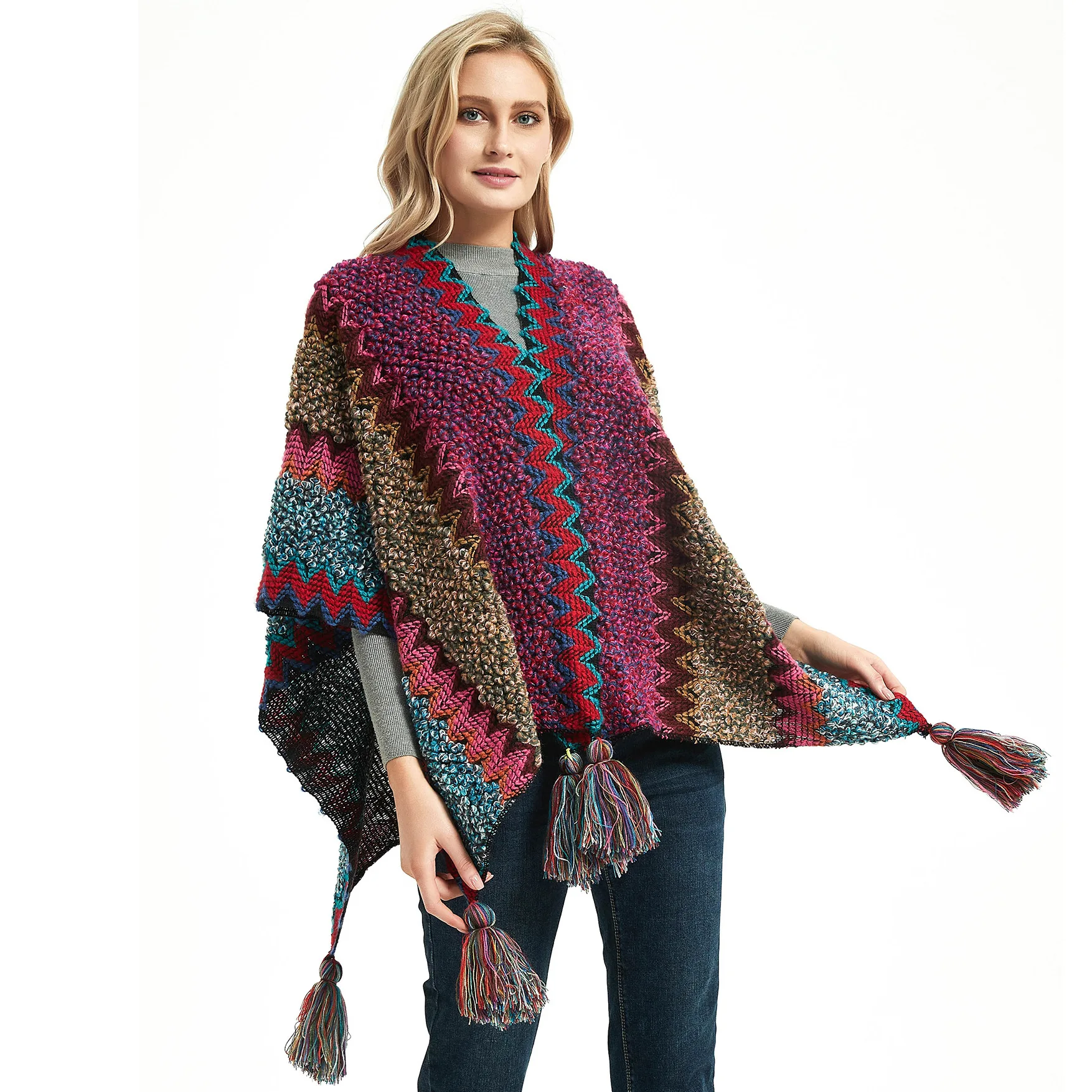 

Winter Women's Multi-Color Travel Retro Ethnic Style Knitted Shawl Cape Warm Tassel Scarf Poncho