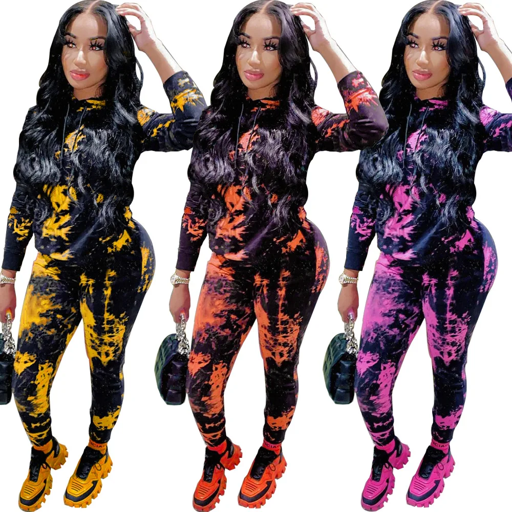 

2021 New Arrivals Fashion Women Hooded Drawstring Long Sleeve Sweater Slim Pants 2 Pieces Set Tie Dye Outfits Tracksuit, Picture show