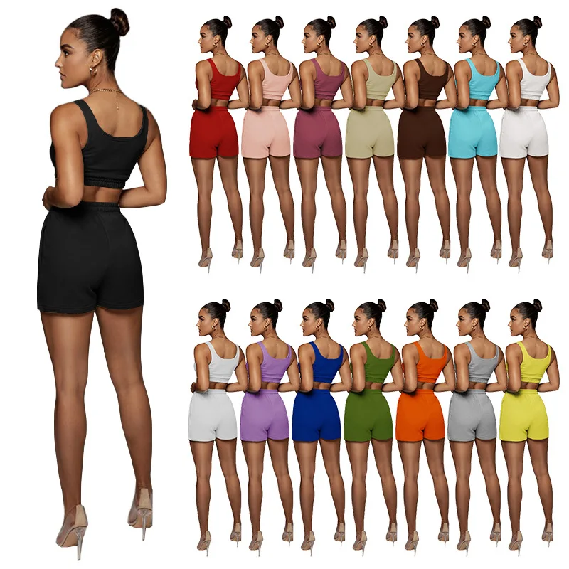 

Plain Vest Sports Suit Set Woman Summer Clothing Solid Color 2 Piece Biker Short Set