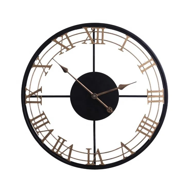 

24INCH 60cm Classic 3D Vintage Iron Decorative Antique Metal Retro Roman Numerals Wall Clocks, Black, gold