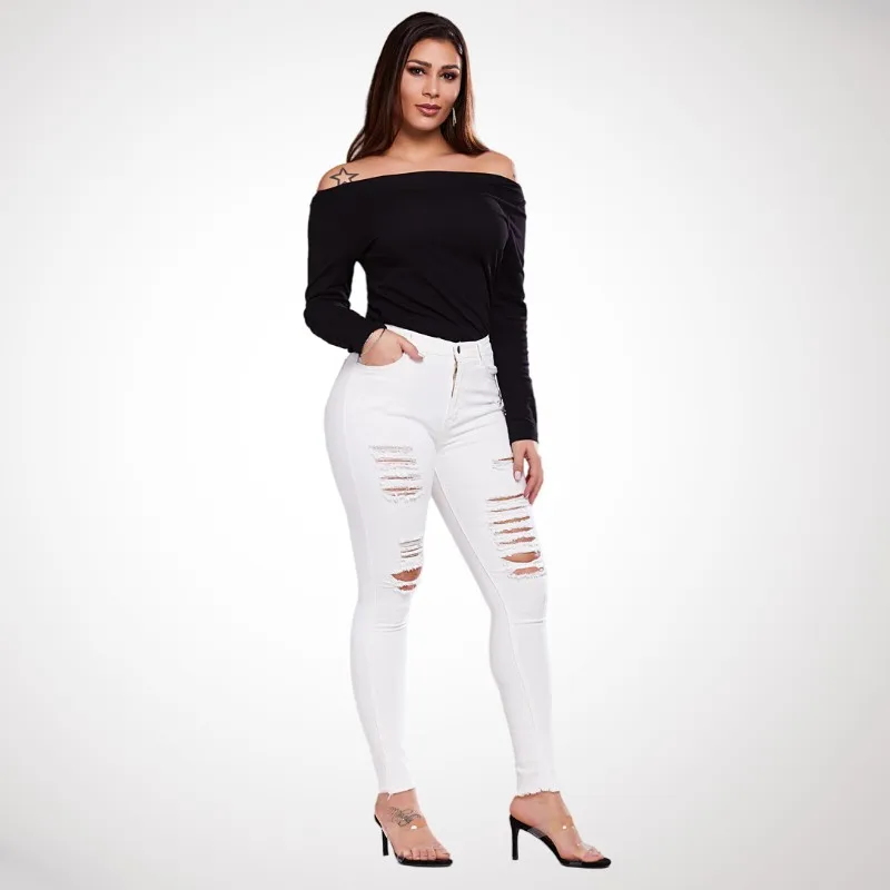 

Stretchy Plus Size Women's Denim Ripped Pants Women White High Waisted Distressed Jeans Womens