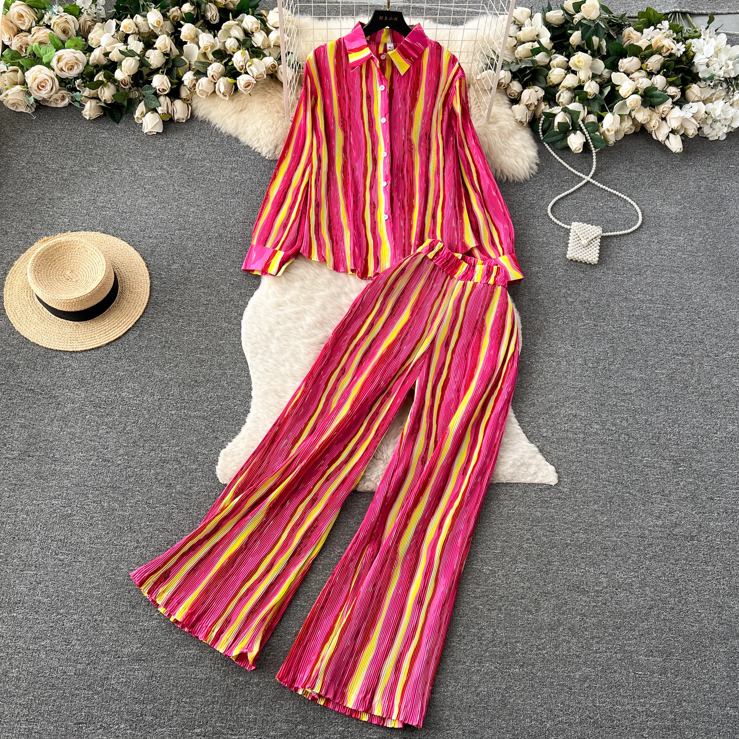 

'Wholesale 2023 Spring Fashion French Polo Collar Pleated Shirt High Waist Slim Wide Leg Straight Leg Pants Women's Set