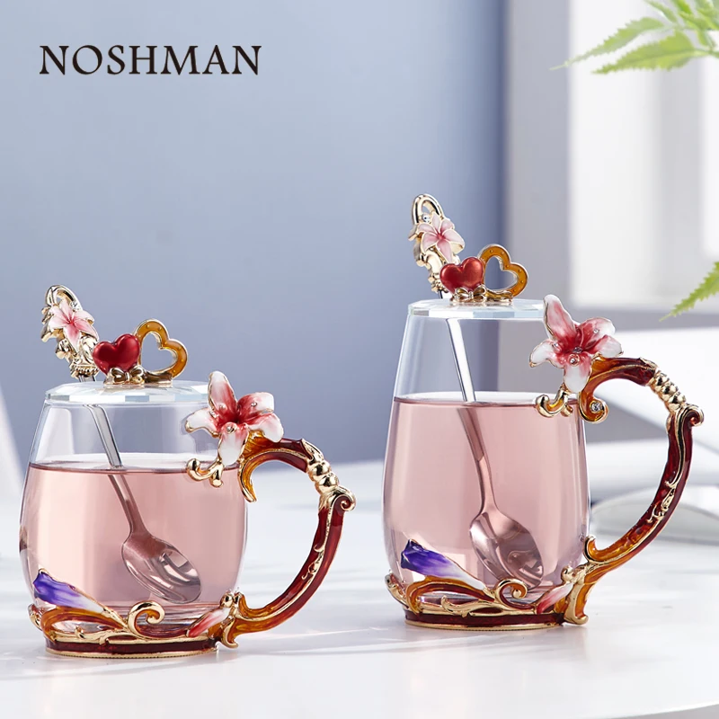 

NOSHMAN Enamel Crystal Tea Cup Coffee Mug Butterfly Lily Painted Perfect Gift Flower Water Cups Clear Glass with Spoon Set