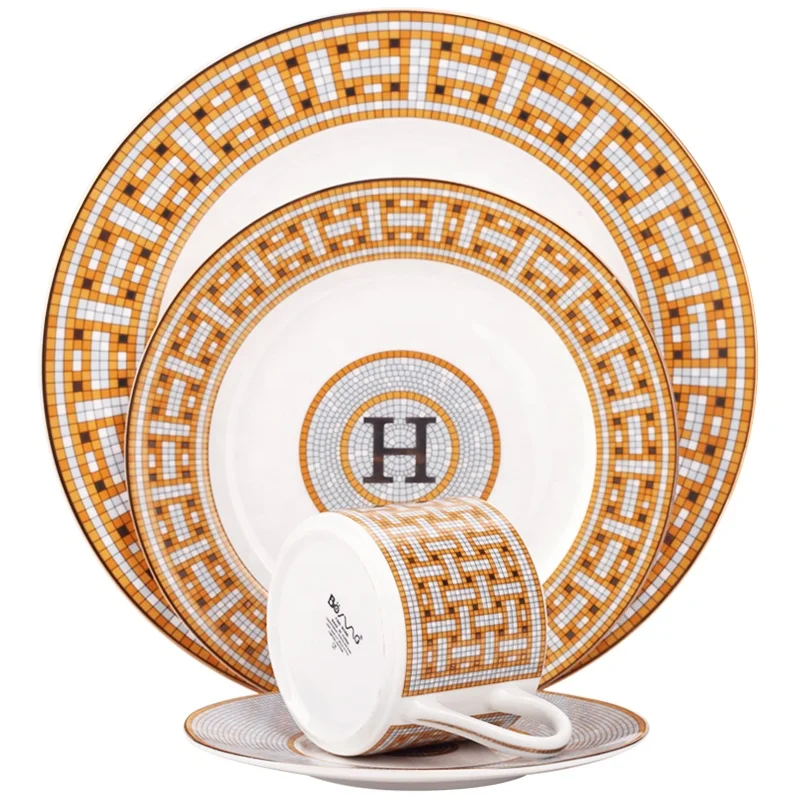 

2021 Hot Sale Royal Dinner Set Fine Porcelain Mosaicdecal Bone China Dinner Plate Set Coffee Cup Set, Gold