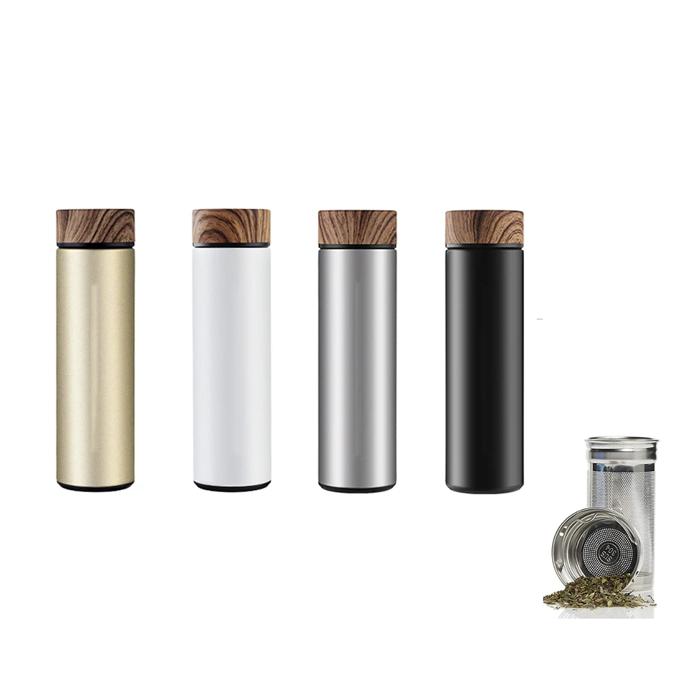 

ChuFeng Water Bottle Stainless Steel Vacuum Flask Thermal cup with Tea Infuser Wood Grain Lid Cup Thermos, Gold, steel color, white and black