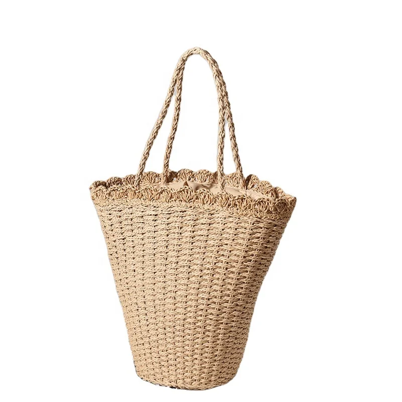 

Designer custom women straw bucket bag summer simple plain large macrame handbag, Customizable